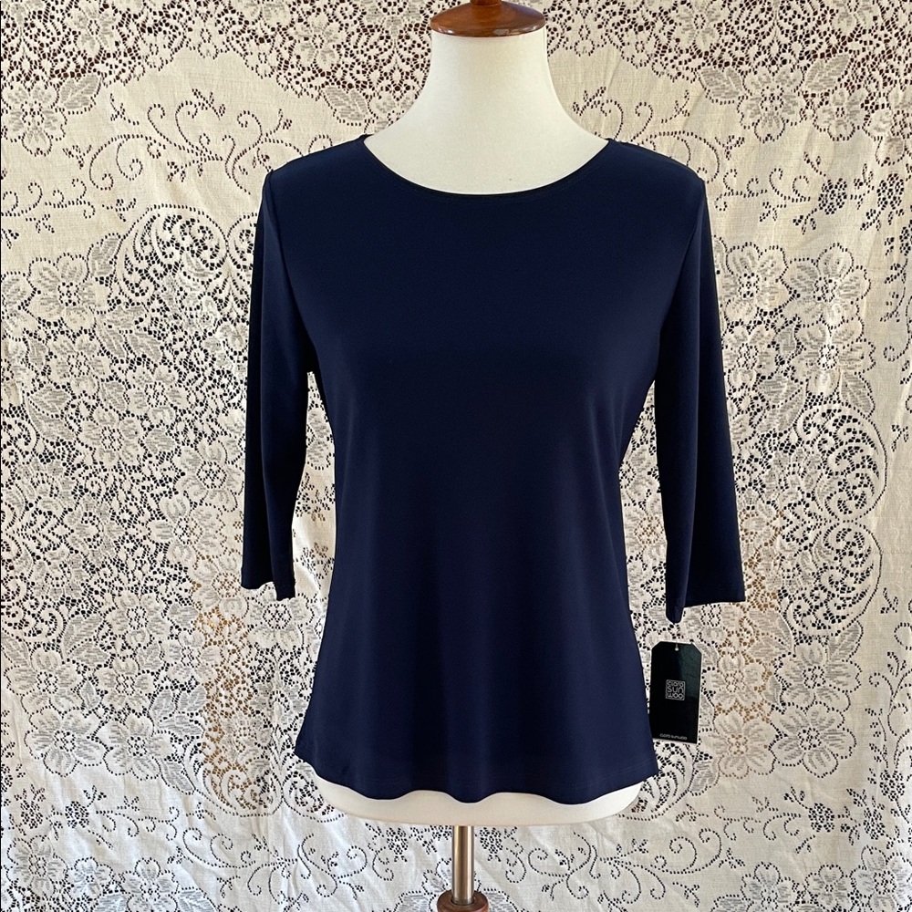 CLARA SUNWOO Classic Navy color solid, scoop, neck softener three-quarter sleeve